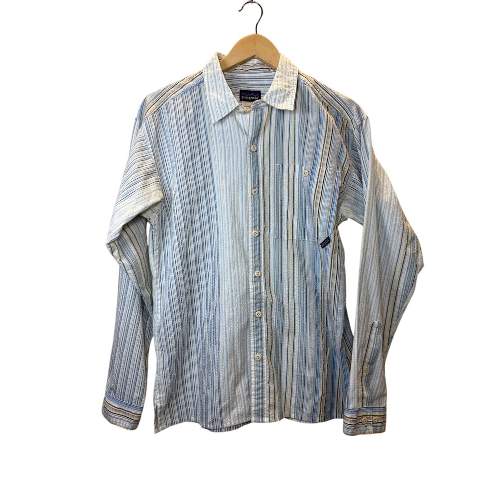 Patagonia Button Down Shirt Mens Small Blue Striped Seersucker Organic Cotton